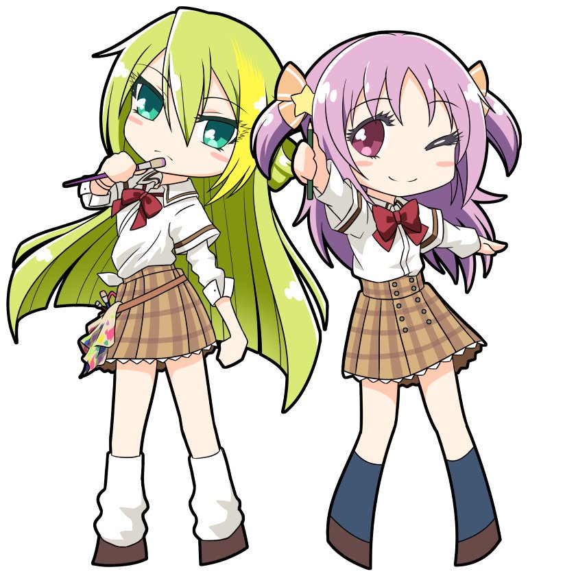 2girls, alina_gray, bangs, belt_pouch, blonde_hair, blue_socks, bow, bowtie