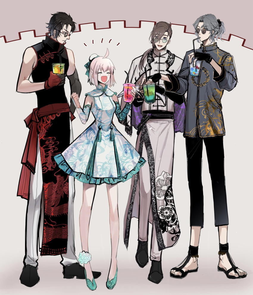 1girl, 3boys, :d, ^_^, ahoge, alternate_costume, animal_print, ankle_flower