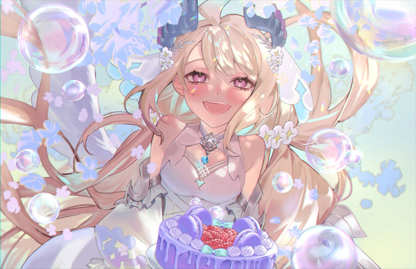 absurdly_long_hair, ahoge, bangs, bare_shoulders, bird_girl, birthday_cake, blonde_hair, blue_hair, blush, bob_cut, breasts, cake, crystal_wings, dress, enna_alouette, flower, food, frilled_dress, frills, fruit, gear_(gear_990), gradient_hair, hair_flower, hair_ornament, head_wings, highres, long_hair, looking_at_viewer, low_twintails, macaron, multicolored_eyes, multicolored_hair, nijisanji, nijisanji_en, official_alternate_costume, official_alternate_hairstyle, open_mouth, pleated_dress, puffy_sleeves, purple_wings, short_hair, small_breasts, smile, strawberry, twintails, very_long_hair, violet_eyes, virtual_youtuber, white_flower, wings, yellow_eyes