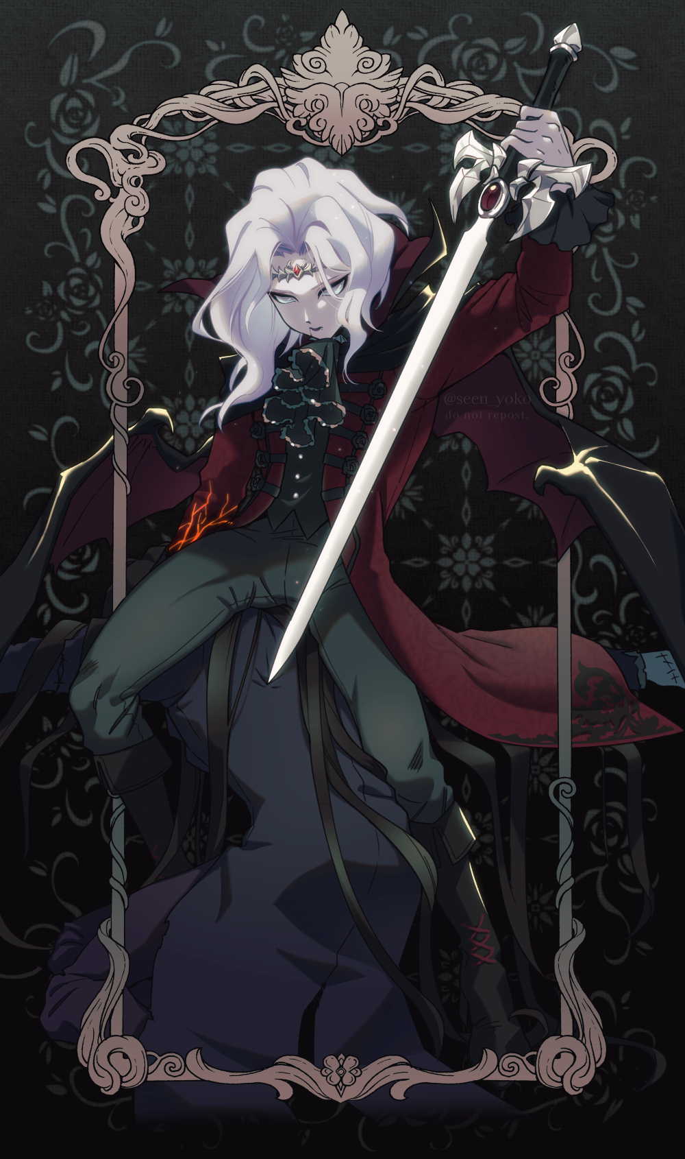 2boys, antonio_(identity_v), ascot, bangs, bat_wings, black_ascot, black_background, black_coat