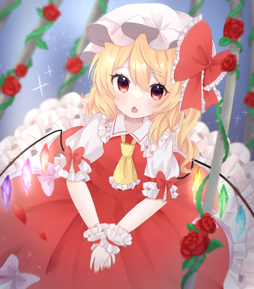 1girl, :o, ascot, blonde_hair, blush, bow, collared_shirt, commentary