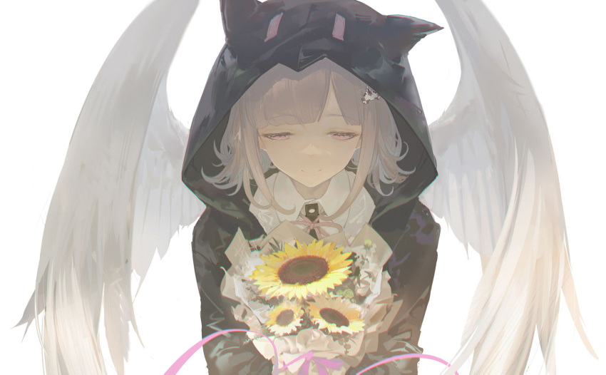 1girl, animal_ears, animal_hood, bangs, black_jacket, bouquet, closed_mouth, collared_shirt