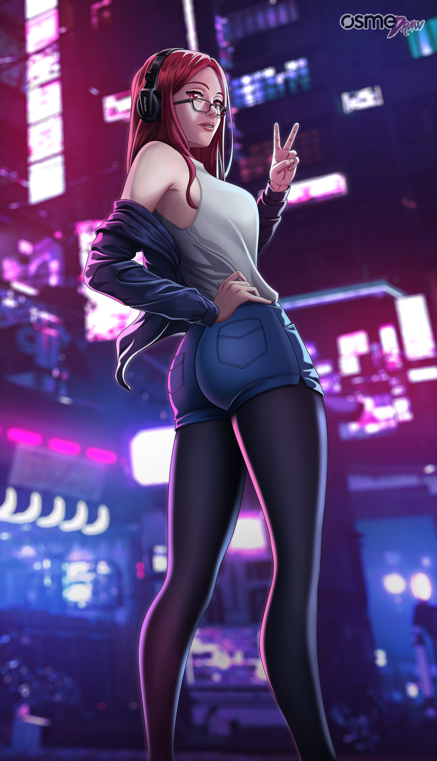 1girl, ass, city, cyberpunk, full_body, glasses, hand_on_hip, headphones