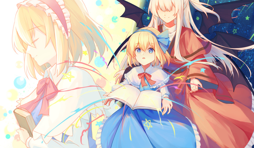 2girls, absurdres, alice_margatroid, alice_margatroid_(pc-98), bangs, black_wings, blonde_hair, blue_dress