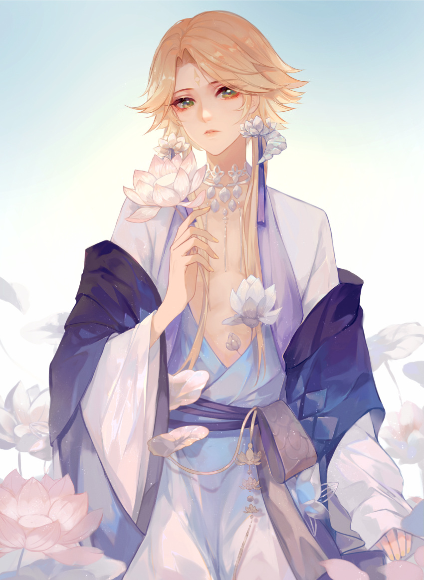 1boy, absurdres, bangs, bishounen, blonde_hair, earrings, flower, flower_earrings, green_eyes, highres, holding, holding_flower, japanese_clothes, jewelry, lotus, lotus_earrings, male_focus, onmyoji, parted_bangs, short_hair, taishakuten_(onmyoji), tassel, tassel_earrings