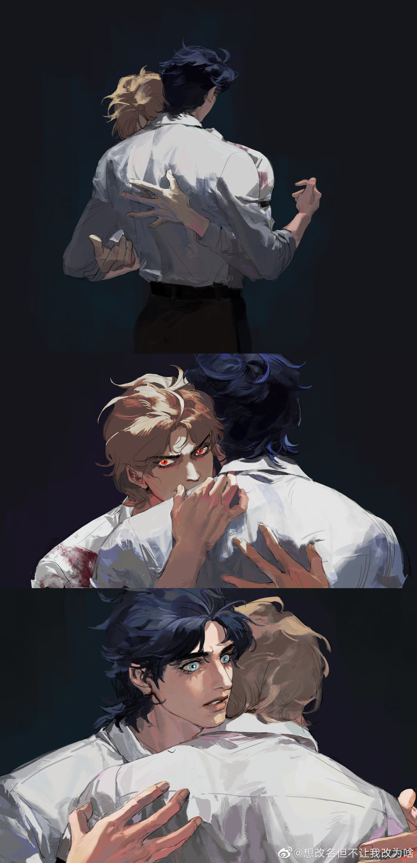 2boys, absurdres, alternate_costume, blonde_hair, blue_eyes, blue_hair, collared_shirt, dio_brando