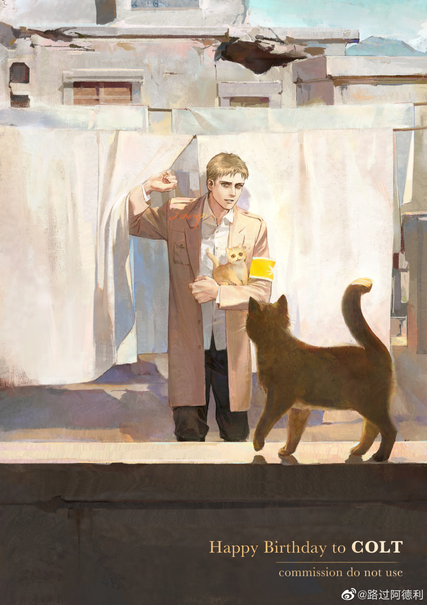 1boy, absurdres, animal, armband, blonde_hair, building, coat, collared_shirt