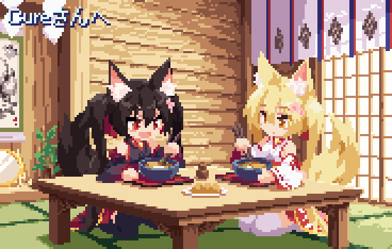 2girls, animal_ear_fluff, animal_ears, animated, animated_gif, black_hair, blonde_hair, commission