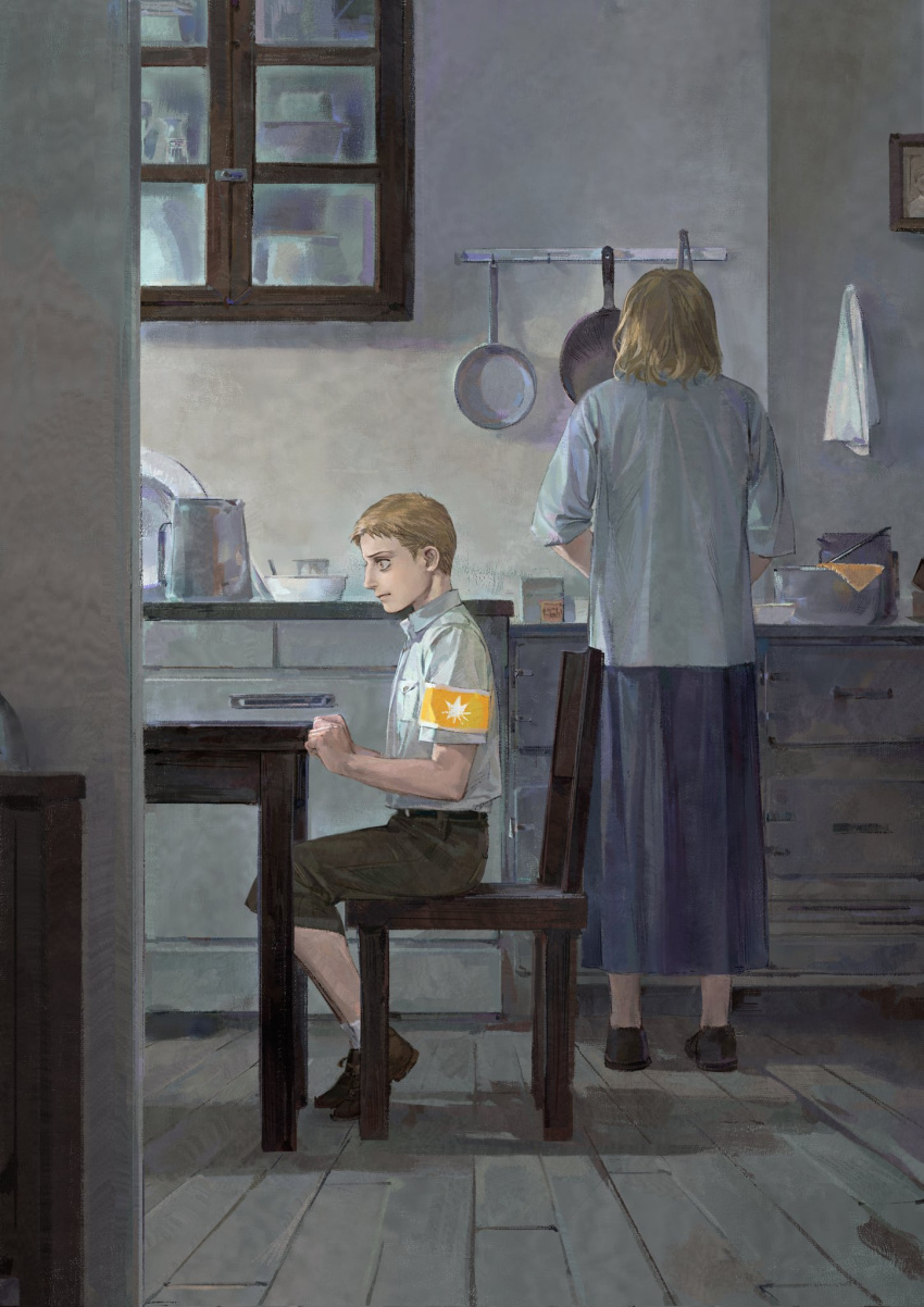 1boy, 1girl, aged_down, armband, blonde_hair, cooking, expressionless, from_side, full_body, highres, karina_braun, kitchen, luguoadeli_(maple12031), male_focus, on_chair, reiner_braun, shingeki_no_kyojin, short_hair, sitting, solo_focus, standing, staring