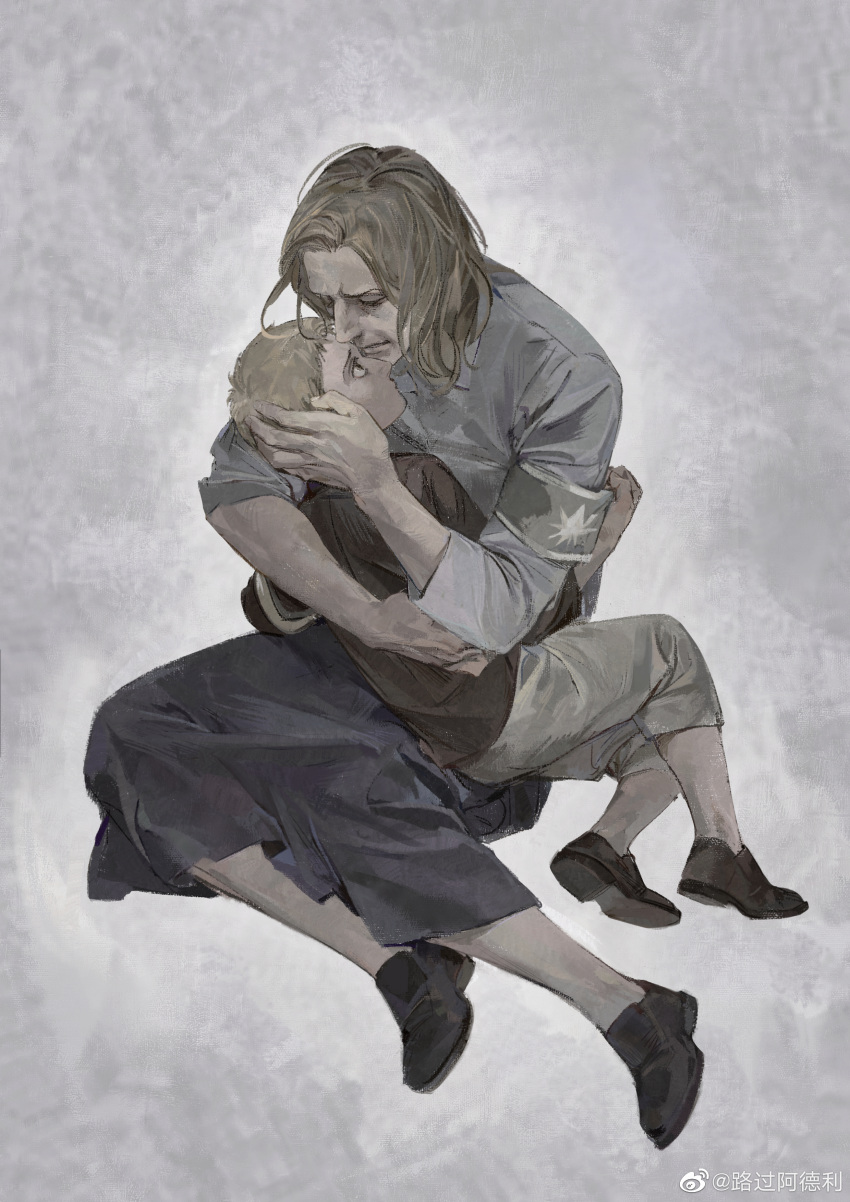 1boy, 1girl, absurdres, aged_down, armband, blonde_hair, brown_shirt, collared_shirt, from_above, full_body, hand_on_another's_head, highres, karina_braun, luguoadeli_(maple12031), mother_and_son, pants, reiner_braun, sad, scene_reference, shingeki_no_kyojin, shirt, shoes, short_hair, skirt