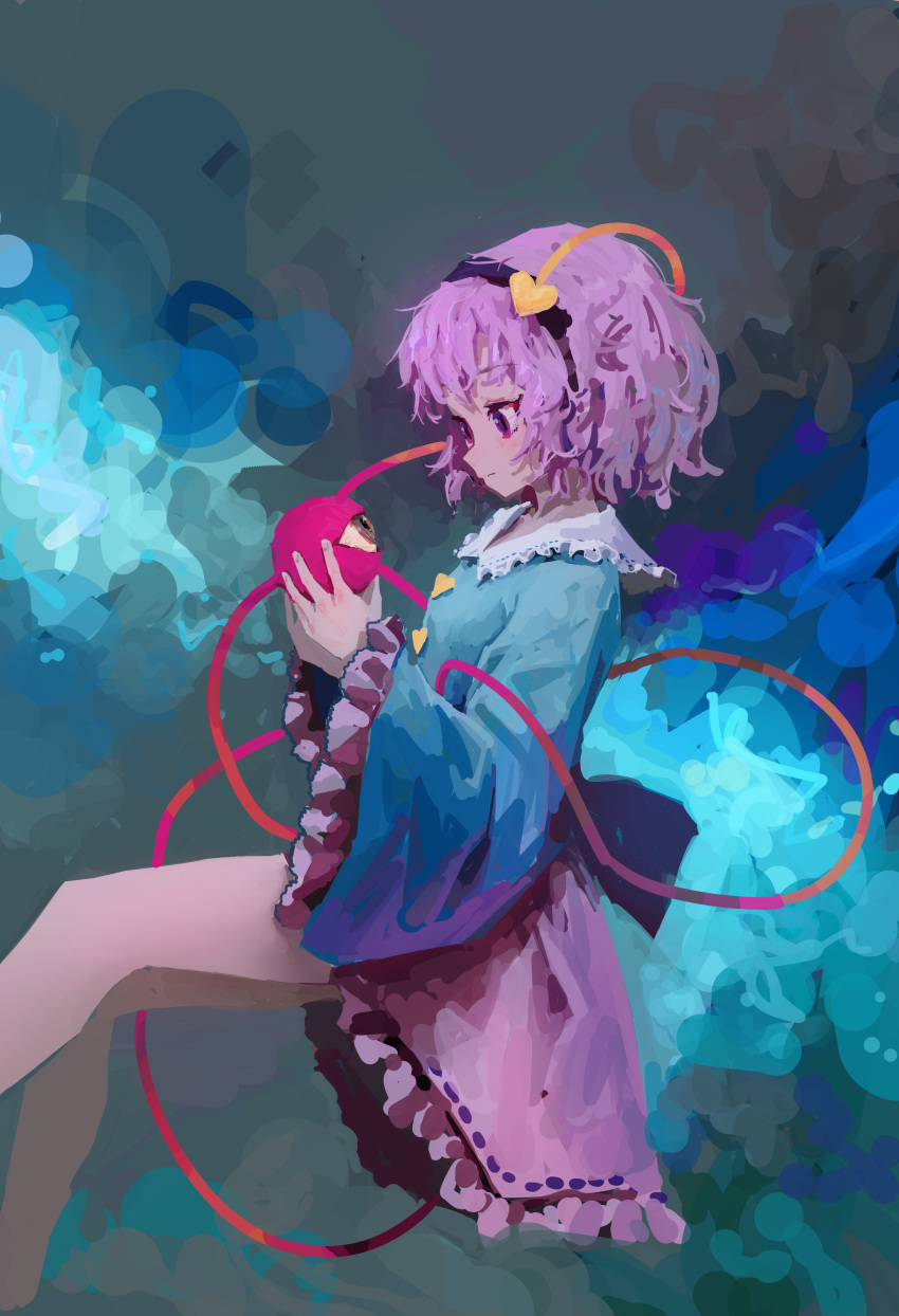 1girl, absurdres, black_hairband, blouse, blue_shirt, blush, buttons, closed_mouth