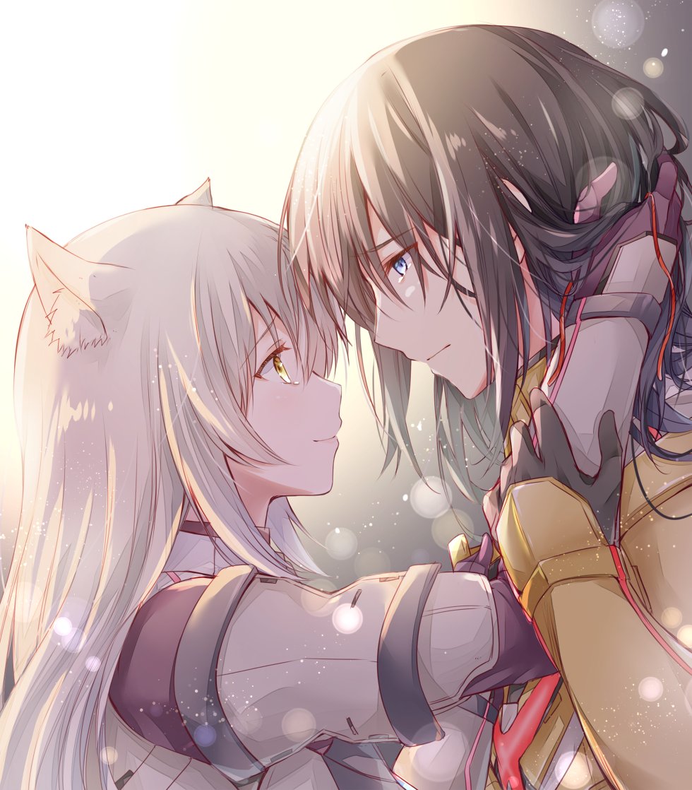 1boy, 1girl, animal_ear_fluff, animal_ears, armor, bangs, black_gloves, black_hair