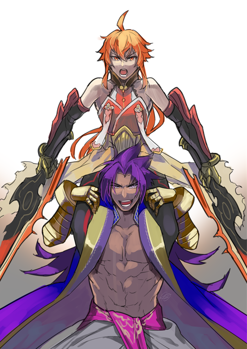 2boys, ahoge, bhima_(fate), carrying, coat, dark-skinned_male, dark_skin, dual_wielding