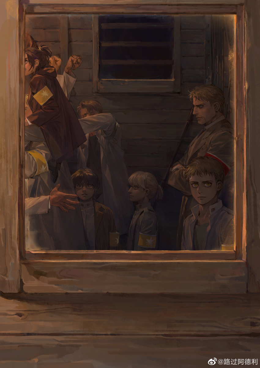 2girls, 5boys, absurdres, armband, blonde_hair, brown_hair, carrying, carrying_person