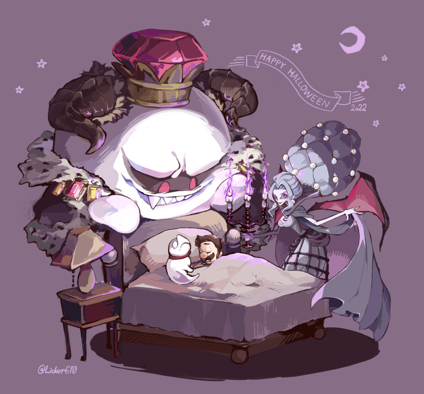 1boy, 1girl, absurdres, artist_name, bangs, bat_wings, bed, beehive_hairdo, black_cape, black_horns, black_wings, blue_cloak, blue_dress, blue_hair, brown_hair, candelabra, candle, candlestand, cape, cloak, closed_eyes, closed_mouth, commentary_request, crescent_moon, crinoline, crown, dated, desk_lamp, dog, dress, eyeshadow, facial_hair, fire, flame, fur-trimmed_cape, fur_trim, gem, ghost, green_eyes, grin, halloween, halloween_costume, happy_halloween, hellen_gravely, highres, horns, king_boo, lamp, licker610, luigi, luigi's_mansion, luigi's_mansion_3, makeup, moon, mustache, nightstand, parted_bangs, parted_lips, pillow, polterpup, purple_background, purple_eyeshadow, purple_fire, red_eyes, red_gemstone, sharp_teeth, short_hair, sidelocks, simple_background, sleeping, smile, star_(symbol), super_mario_bros., table, teeth, twitter_username, under_covers, v-shaped_eyebrows, wings