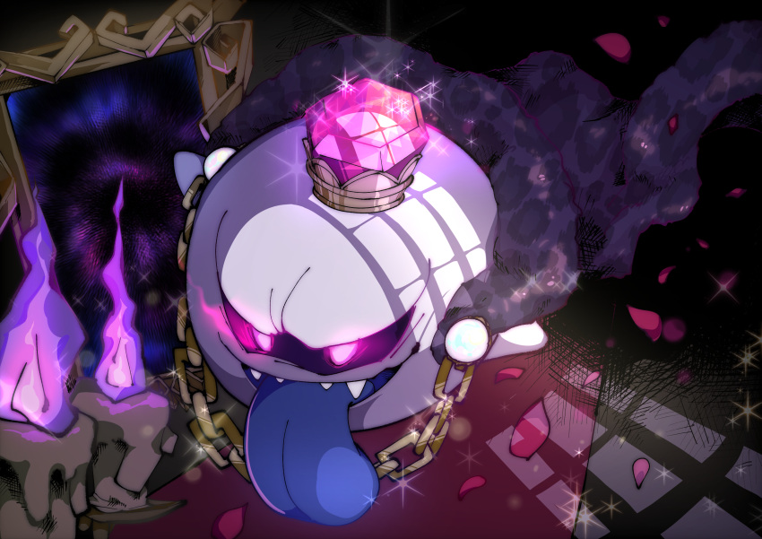 black_cape, blue_tongue, candle, cape, chain, colored_tongue, commentary_request, crown, dark, evil_smile, fire, flame, full_body, ghost, glowing, glowing_eyes, gold_chain, highres, indoors, king_boo, licker610, looking_at_viewer, luigi's_mansion, no_humans, open_mouth, petals, picture_frame, purple_fire, rug, sharp_teeth, smile, solo, sparkle, super_mario_bros., teeth, tongue, tongue_out, v-shaped_eyebrows, violet_eyes