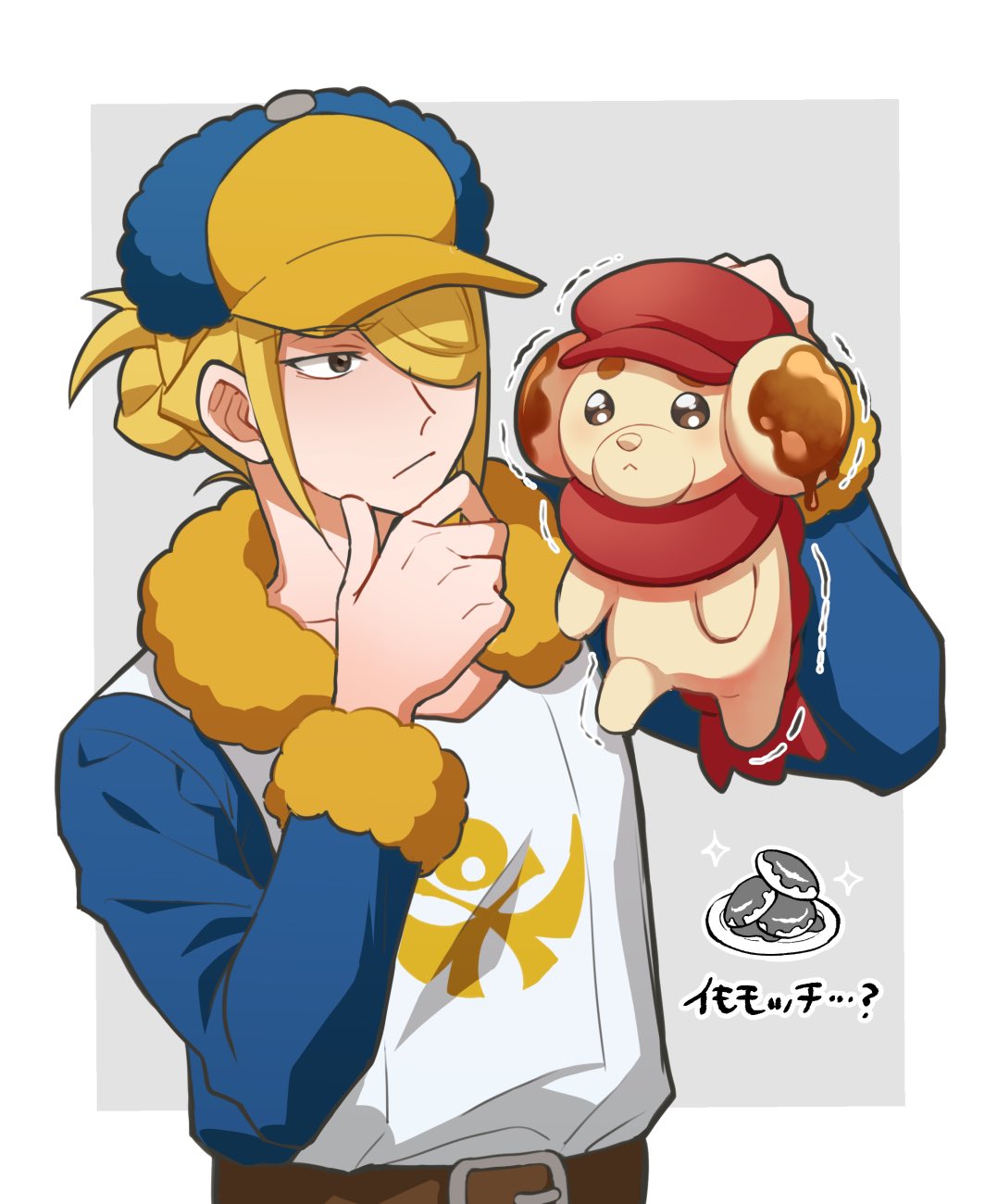 1boy, :<, belt, blonde_hair, blue_jumpsuit, brown_belt, brown_eyes, closed_mouth