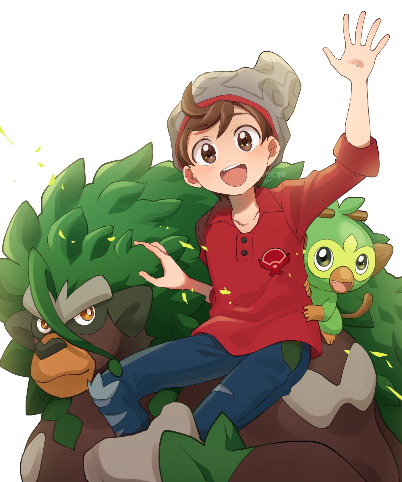1boy, :d, arm_up, bangs, beanie, brown_eyes, brown_hair, cable_knit, commentary_request, denim, futako_(gemini_ds), grey_headwear, grookey, hat, highres, jeans, male_focus, open_mouth, pants, pokemon, pokemon_(game), pokemon_swsh, red_shirt, rillaboom, shirt, sleeves_rolled_up, smile, swept_bangs, teeth, torn_clothes, torn_jeans, torn_pants, upper_teeth_only, victor_(pokemon), white_background