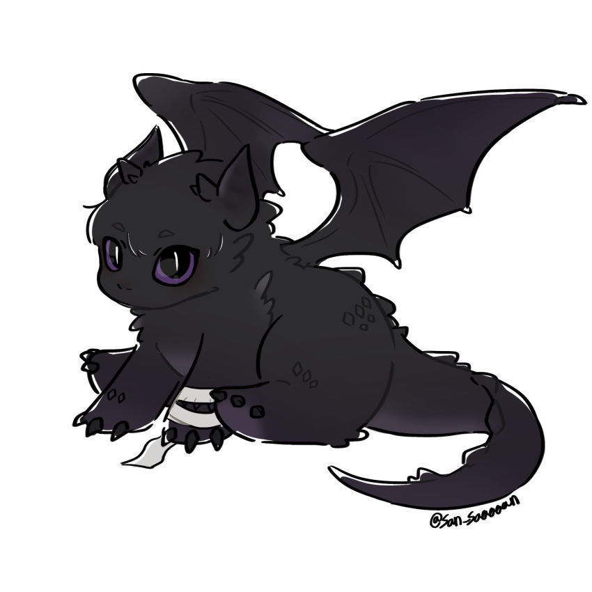 animal_focus, bandaged_leg, bandages, dragon, full_body, highres, horns, looking_at_viewer, lout_of_count's_family, no_humans, raon_miru, san_saaaaan, simple_background, sitting, slit_pupils, solo, twitter_username, violet_eyes, western_dragon, white_background, wings