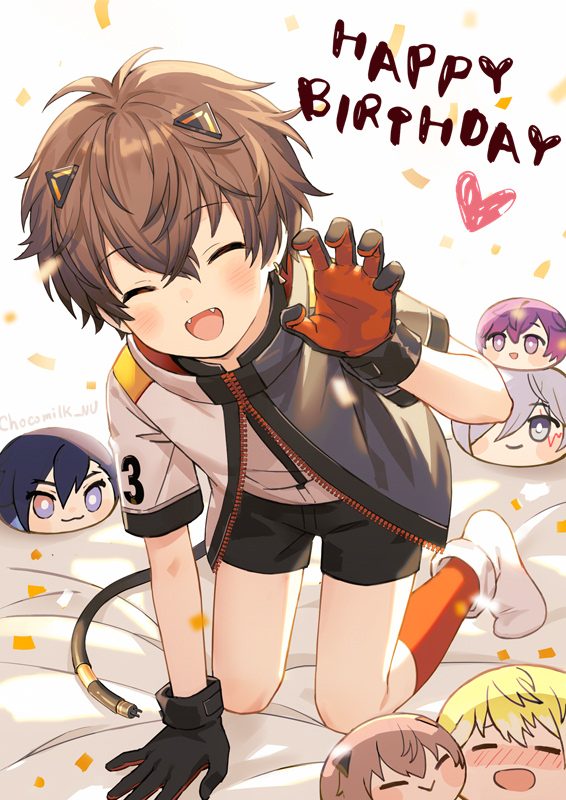 5boys, alban_knox, animal_ears, black_gloves, blush, brown_hair, cat_ears, cat_tail