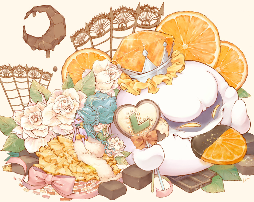 1girl, ^_^, beehive_hairdo, blue_hair, bow, candy, cheese, chocolate