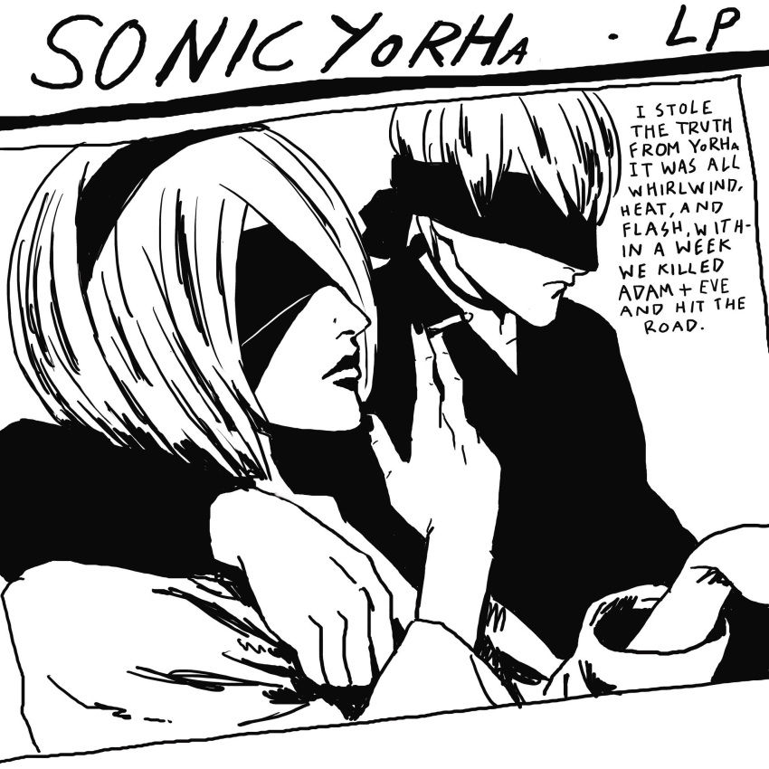 1boy, 1girl, album_cover_redraw, barfchan, black_choker, blindfold, choker, cigarette, covered_eyes, derivative_work, english_commentary, english_text, goo_(album), greyscale, hair_over_one_eye, headband, highres, holding, holding_cigarette, long_sleeves, monochrome, nier:automata, nier_(series), sonic_youth, v-neck, white_background, yorha_no._2_type_b, yorha_no._9_type_s
