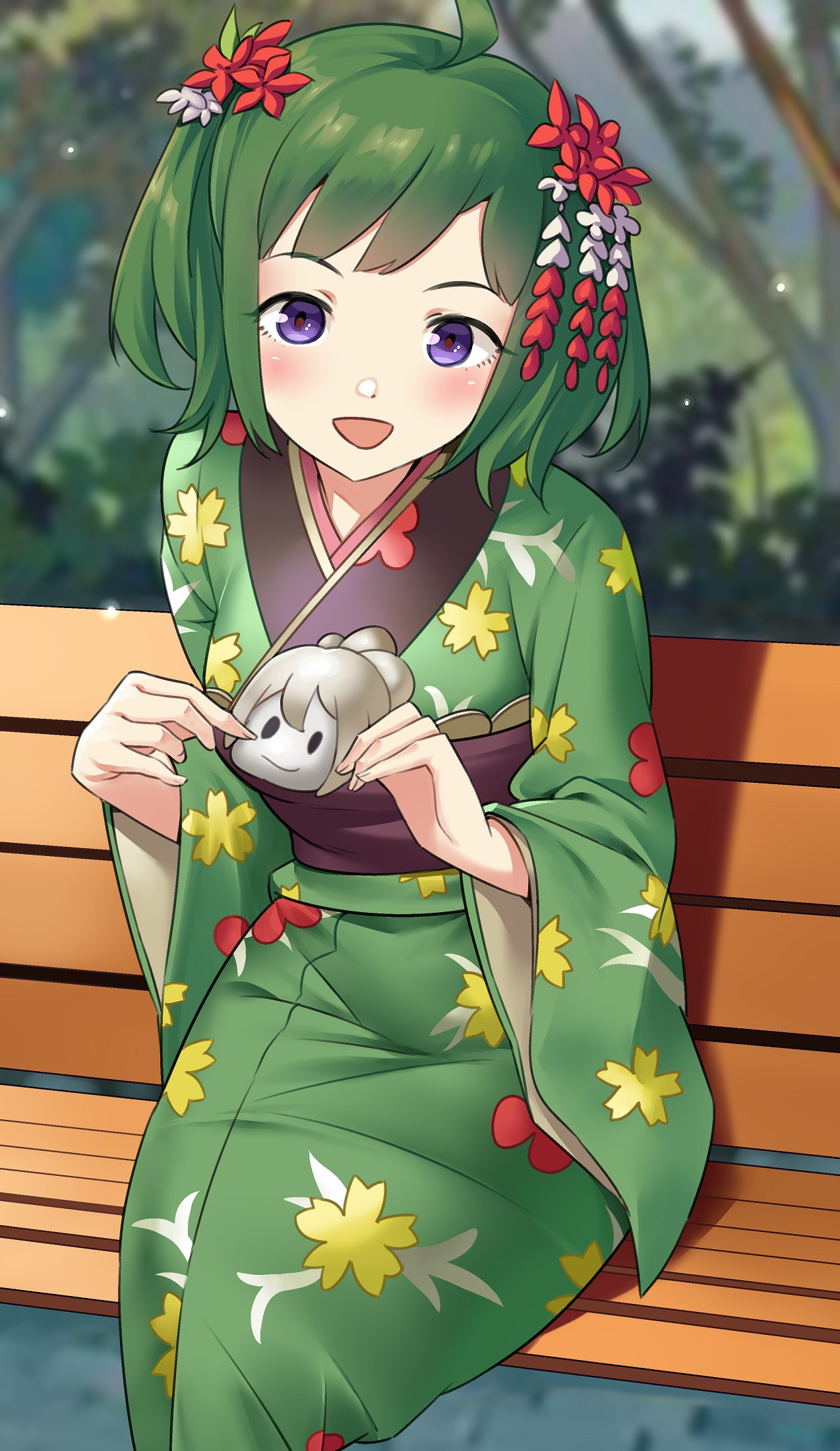 bangs, fire_emblem, fire_emblem_fates, food, green_hair, green_kimono, hair_ornament, highres