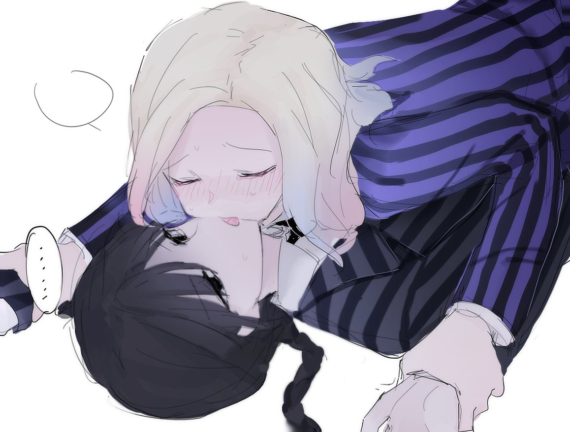 1yym, 2girls, addams_family, black_eyes, black_hair, blonde_hair, blush, closed_eyes