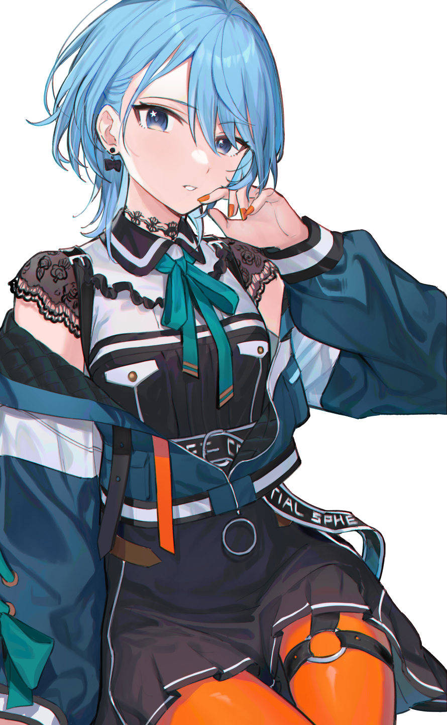 1girl, belt, black_belt, black_choker, black_dress, blue_eyes, blue_hair, blue_jacket
