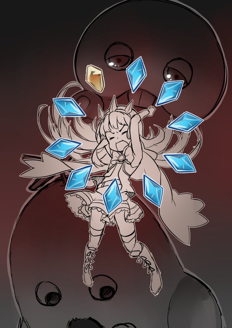 1girl, 2others, affliction_(darkest_dungeon), cagliostro_(granblue_fantasy), collateral_damage_studios, gacha, gachapin, gameplay_mechanics