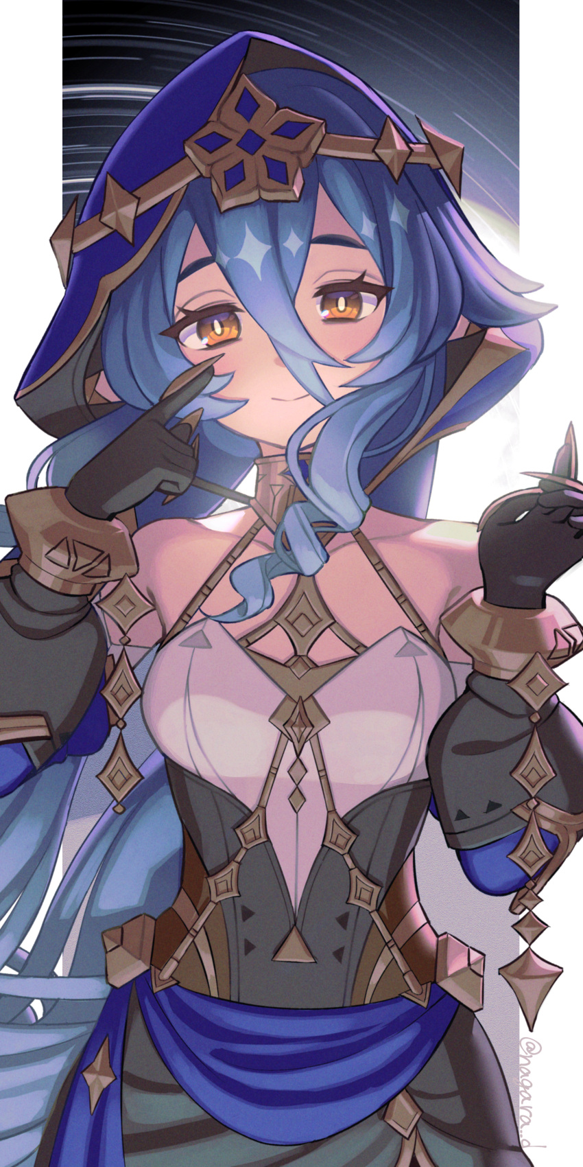 1girl, absurdres, bangs, black_dress, black_gloves, blue_hair, claw_ring, closed_mouth, crossed_bangs, dark_blue_hair, detached_sleeves, dress, drill_hair, drill_locks, facing_viewer, genshin_impact, gloves, hands_up, highres, hood, hood_up, layla_(genshin_impact), long_hair, long_sleeves, paisen, smile, solo, twin_drills, upper_body, yellow_eyes