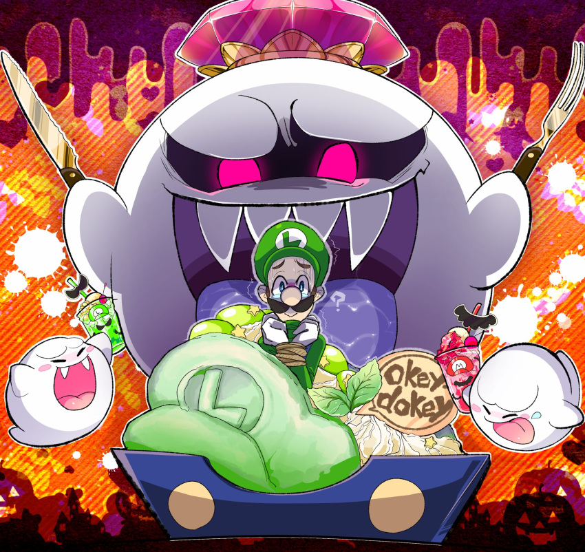 1boy, :d, ?, arms_up, blue_eyes, blush, blush_stickers, boo_(mario)