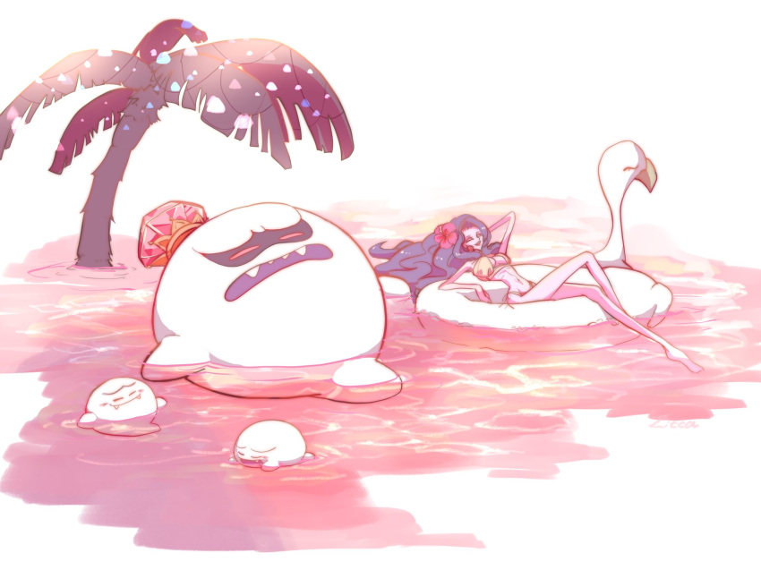 1girl, :d, ^_^, arm_up, artist_name, bangs, bikini, boo_(mario)