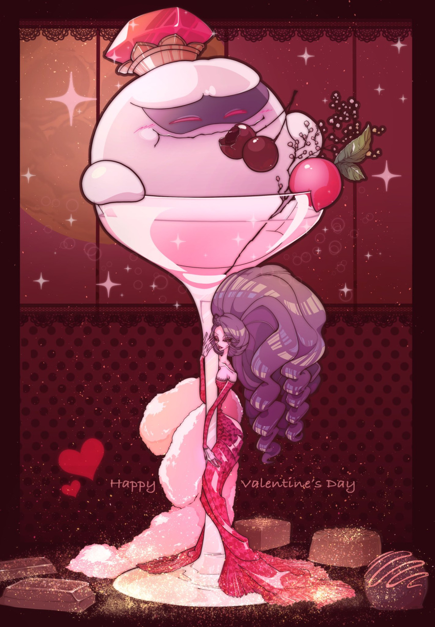 1girl, alternate_hairstyle, bangs, bare_shoulders, candy, cherry, chocolate, closed_eyes