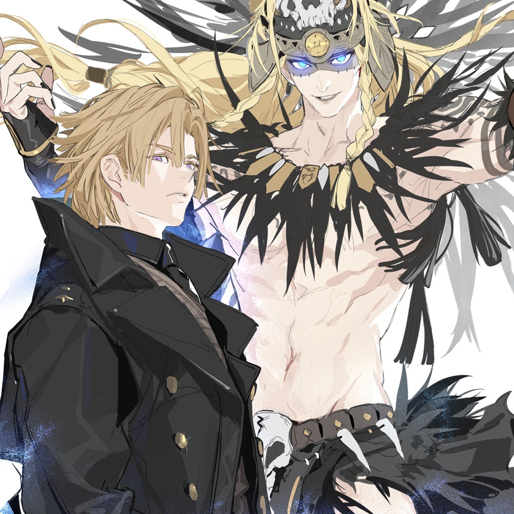 2boys, arms_at_sides, aztec, black_coat, blonde_hair, blue_eyes, braid, coat, daybit_sem_void, fate/grand_order, fate_(series), feet_out_of_frame, floating, juer1004, long_hair, looking_at_viewer, male_focus, multiple_boys, navel, simple_background, skull, smile, tezcatlipoca_(fate), tezcatlipoca_(third_ascension)_(fate), twin_braids, white_background