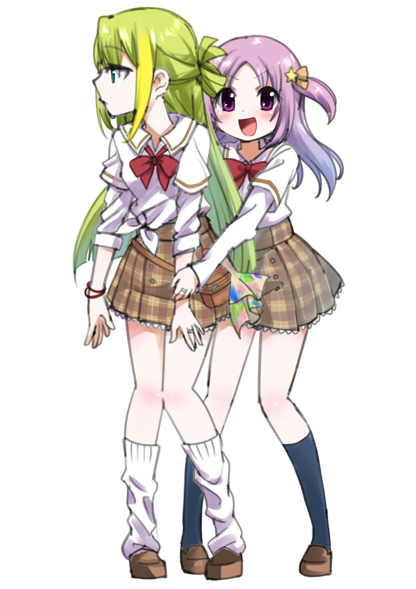 2girls, :d, alina_gray, bangs, belt_pouch, blonde_hair, blue_socks, blunt_ends, bow, bowtie, brown_footwear, brown_skirt, closed_mouth, green_hair, hair_ornament, hair_ribbon, highres, kneehighs, layered_sleeves, leon_ahp, loafers, long_hair, long_sleeves, loose_bowtie, loose_socks, magia_record:_mahou_shoujo_madoka_magica_gaiden, mahou_shoujo_madoka_magica, medium_hair, misono_karin, multicolored_hair, multiple_girls, open_mouth, orange_ribbon, paint_stains, parted_bangs, plaid, plaid_skirt, pouch, profile, purple_hair, rag, red_bow, red_bowtie, red_wristband, ribbon, sakae_general_school_uniform, school_uniform, shirt, shoes, short_over_long_sleeves, short_sleeves, side-tie_shirt, sidelocks, simple_background, single_hair_ring, skirt, sleeves_rolled_up, smile, socks, standing, star_(symbol), star_hair_ornament, straight_hair, streaked_hair, two_side_up, very_long_hair, violet_eyes, white_background, white_shirt, white_socks, wing_collar, wristband