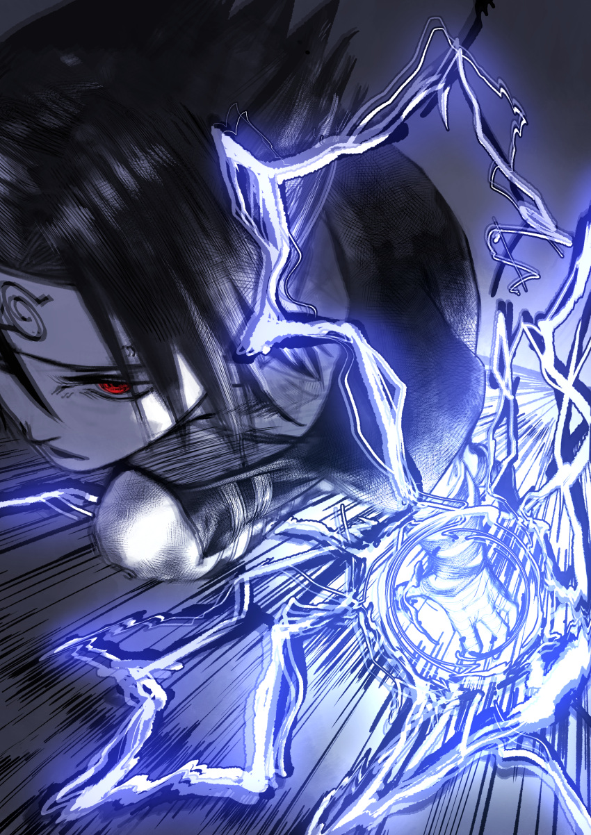 1boy, absurdres, black_hair, chidori_(naruto), doya_(doya_oekaki), electricity, forehead_protector, glowing