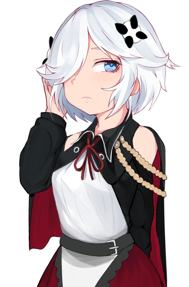 1girl, aiguillette, belt, black_capelet, black_surge_night, blue_eyes, capelet, closed_mouth