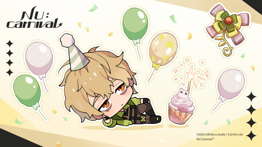 1boy, bags_under_eyes, balloon, birthday_cake, blonde_hair, cake, chibi, confetti