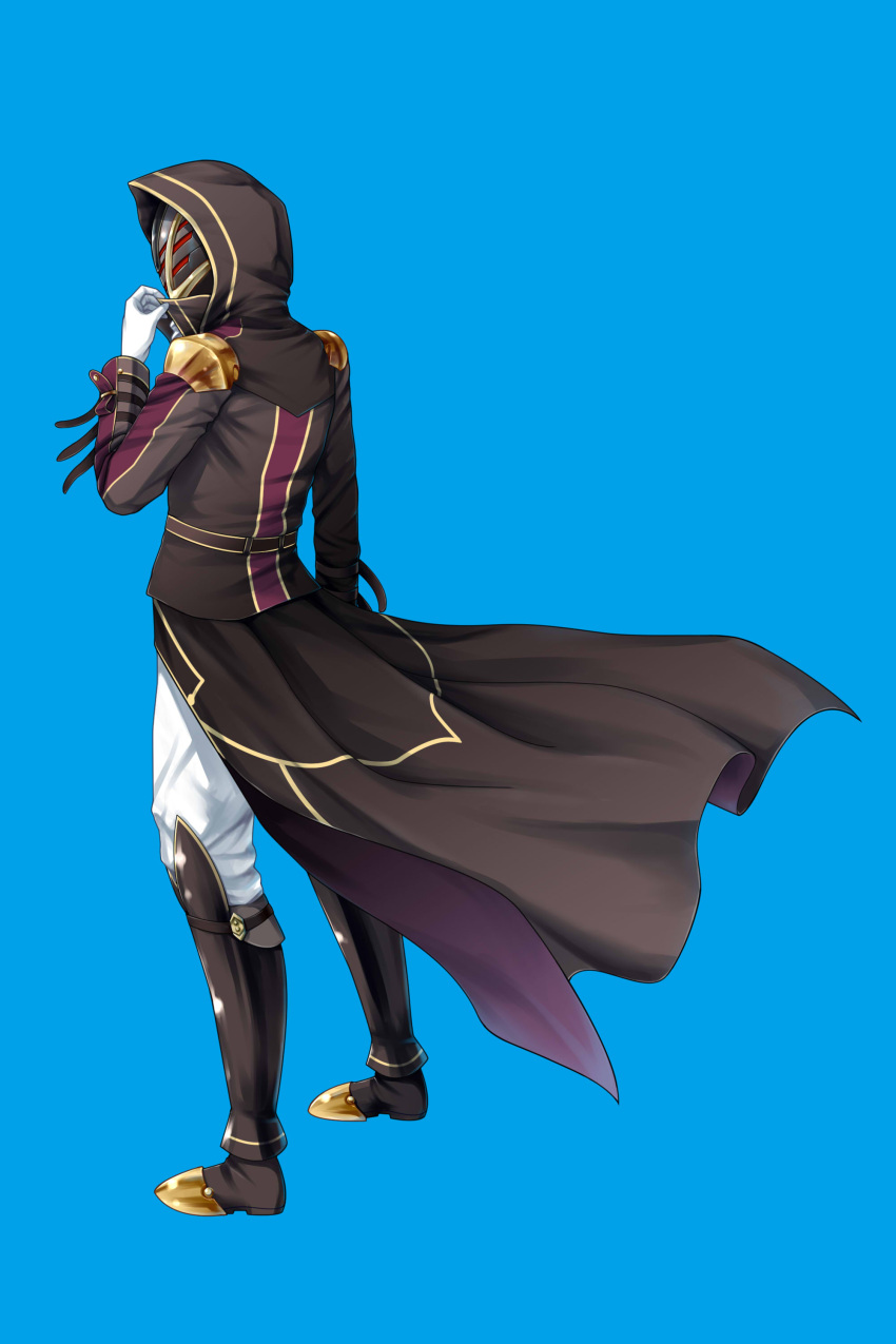 1boy, absurdres, ano_hito, black_hood, black_jacket, blue_background, c_(eiyuu_densetsu), commentary_request