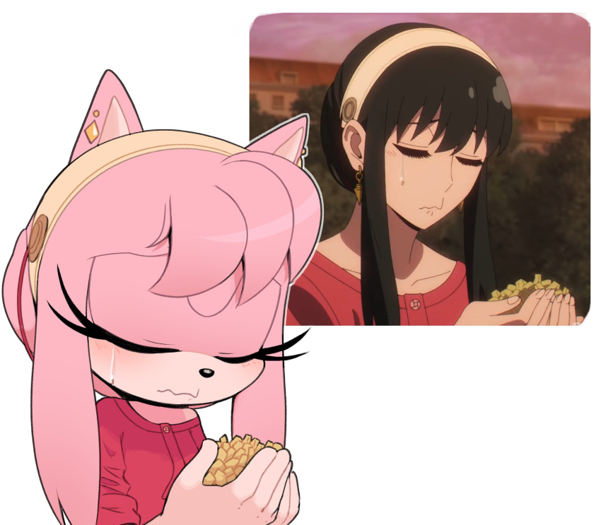 2girls, amy_rose, animal_ears, animal_nose, bangs, black_hair, blush, breasts