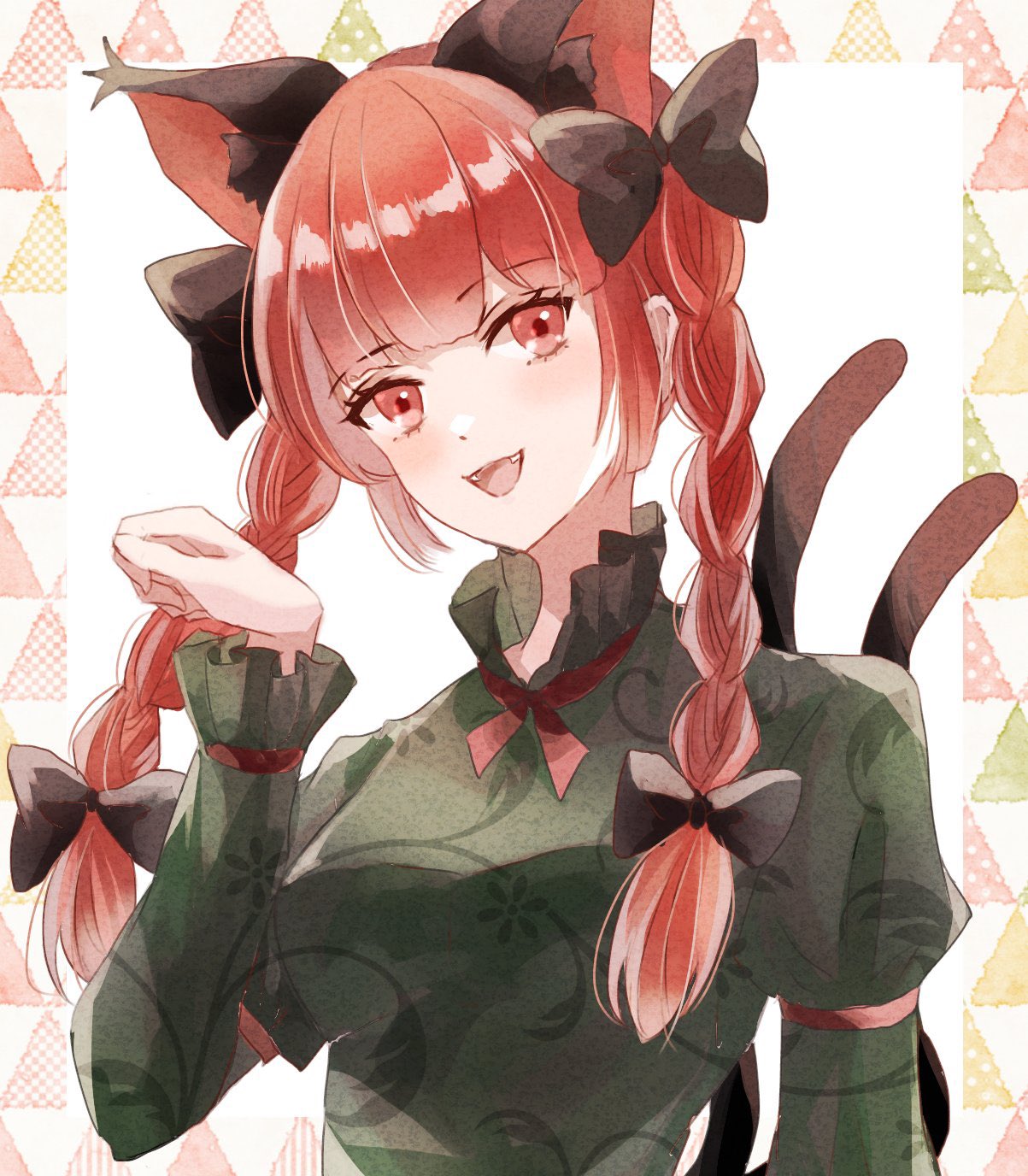 1girl, :d, animal_ears, aridamikannn, black_bow, bow, cat_day, cat_ears