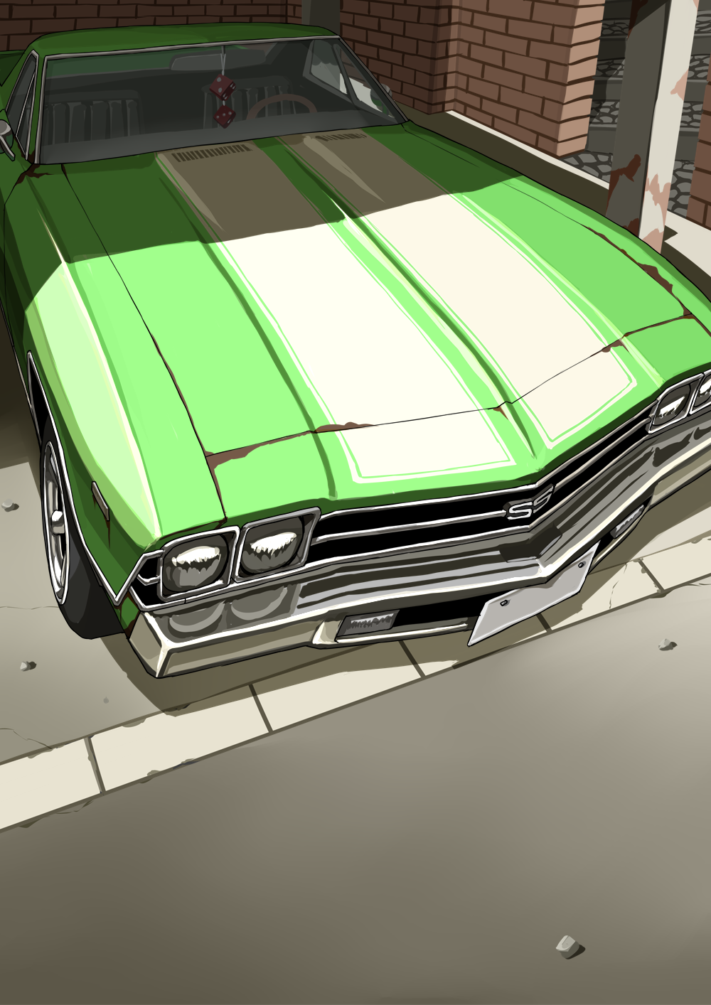 arai_kogane, brick_wall, car, chevrolet, chevrolet_el_camino, day, dice, ground_vehicle