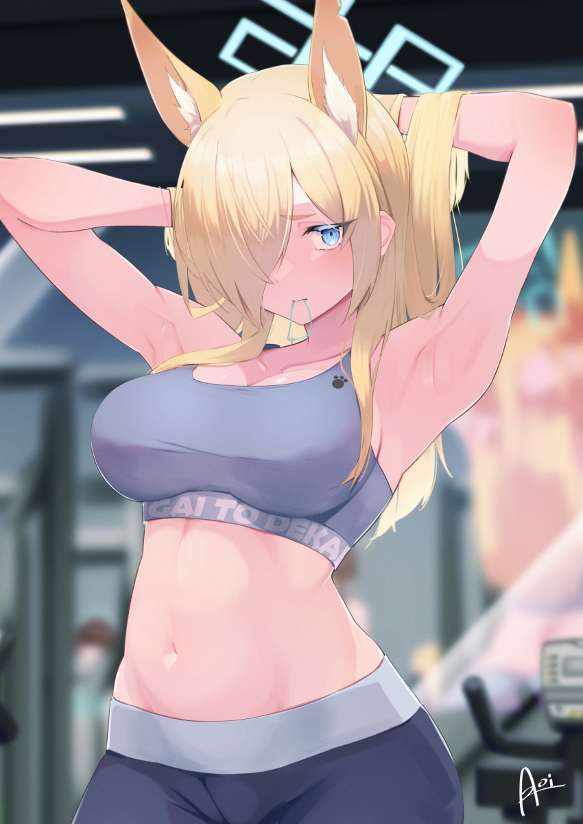 animal_ears, blonde_hair, blue_archive, blue_eyes, breasts, extra_ears, hair_over_one_eye, highres, inuinuo_gataken, kanna_(blue_archive), large_breasts, long_hair, looking_at_viewer, sports_bra, sportswear