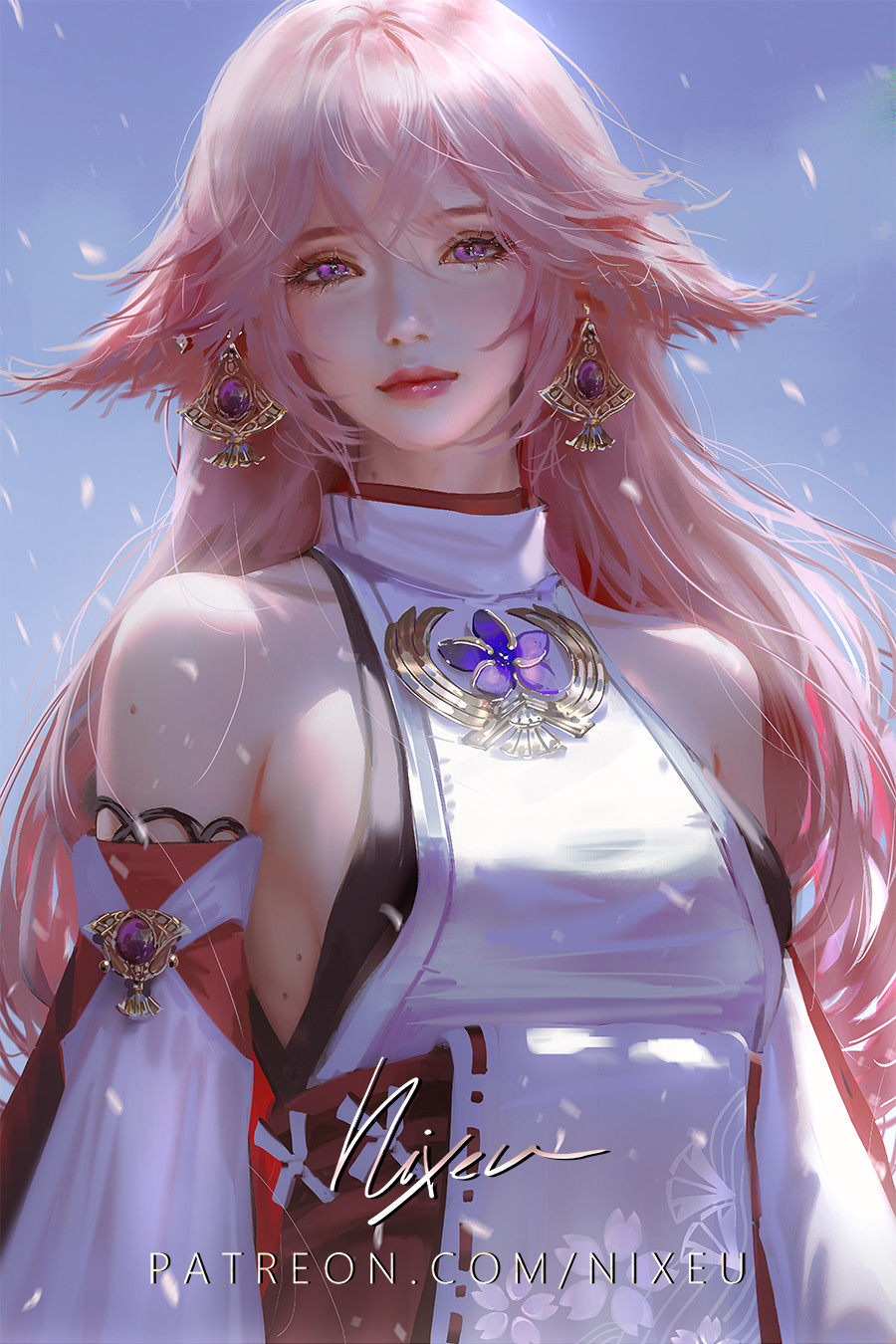 1girl, animal_ears, artist_name, backlighting, bangs, bare_shoulders, blue_sky, breasts