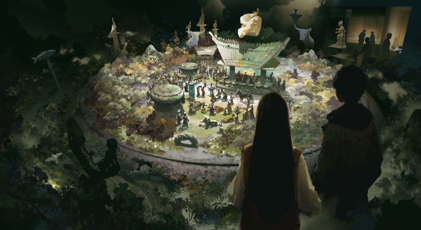 1boy, 1girl, absurdres, animal, black_hair, bull, chinese_clothes, forest