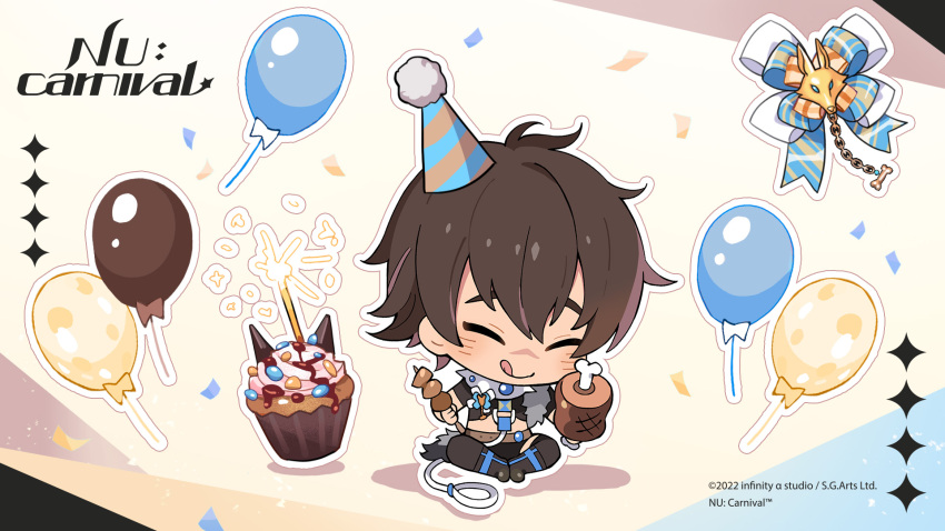1boy, balloon, brown_hair, chibi, collar, confetti, full_body, garu_(nu_carnival)