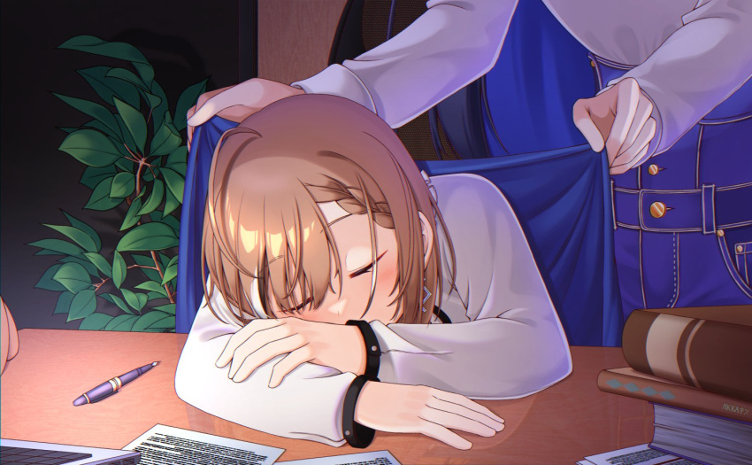 2girls, akkanen, bangs, blue_hair, book, brown_hair, covering_with_blanket, desk, hololive, hololive_english, indoors, multicolored_hair, multiple_girls, nanashi_mumei, ouro_kronii, pen, plant, sleeping, streaked_hair, virtual_youtuber