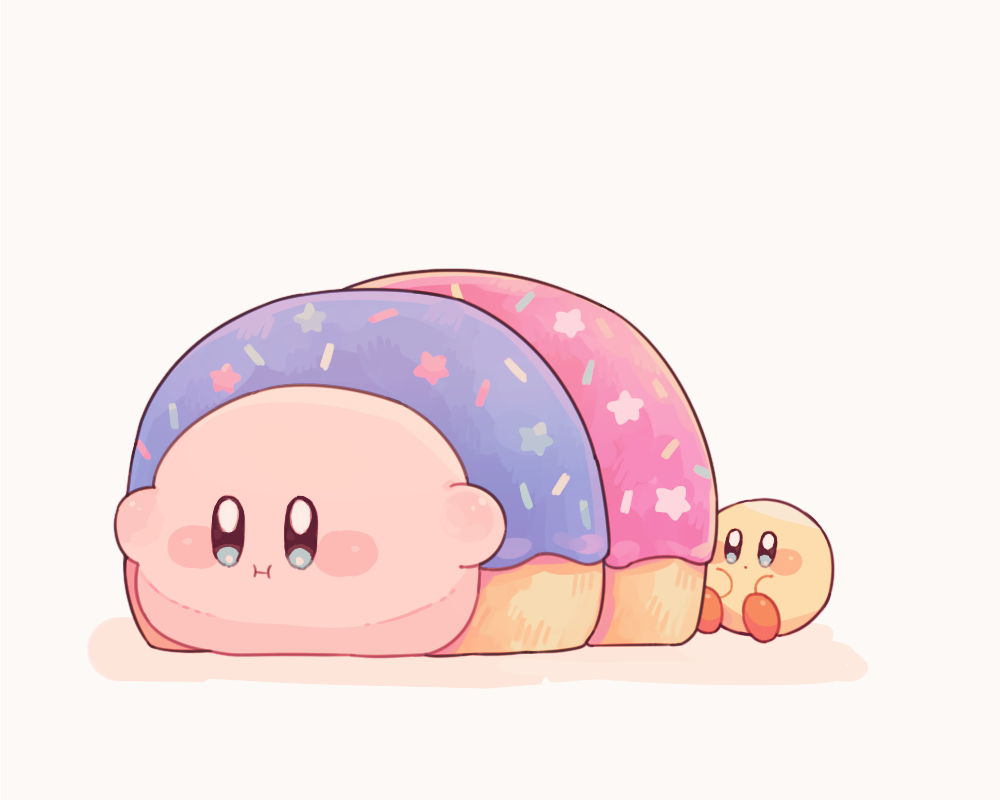 :i, blue_eyes, blush, blush_stickers, closed_mouth, commentary_request, doughnut, food