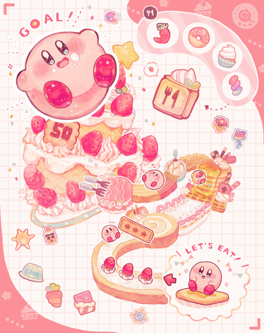 :d, arrow_(symbol), blue_eyes, blush, blush_stickers, bouncy_(kirby), bronto_burt, cake